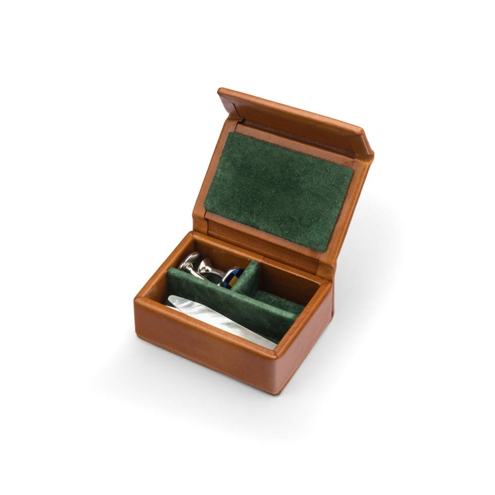 Small leather accessory box, havana tan with green, open