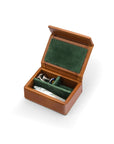 Small leather accessory box, havana tan with green, open