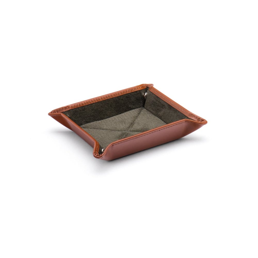 Small leather valet tray, havana tan with green, front