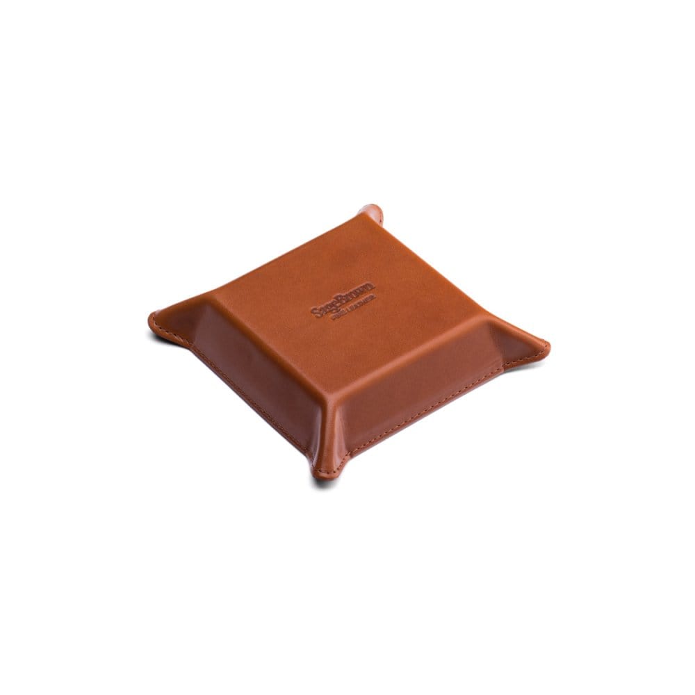 Small leather valet tray, havana tan with green, base