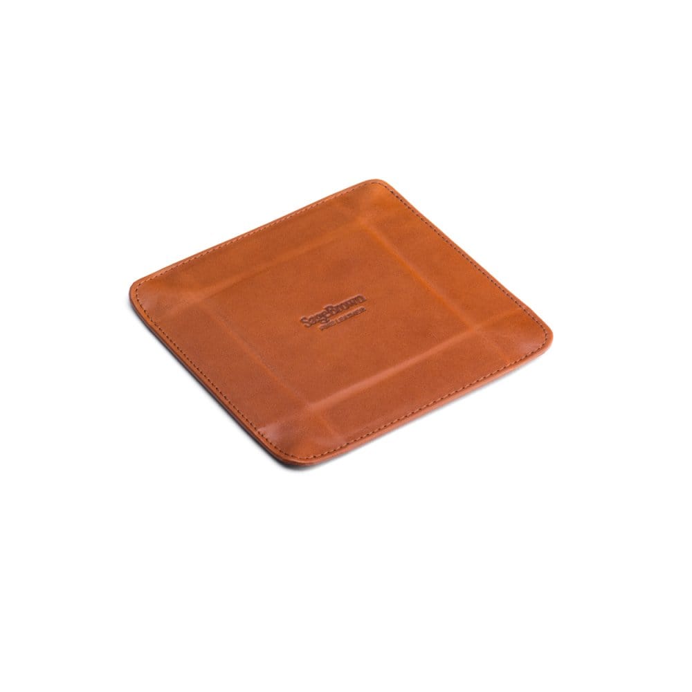 Small leather valet tray, havana tan with green, reverse