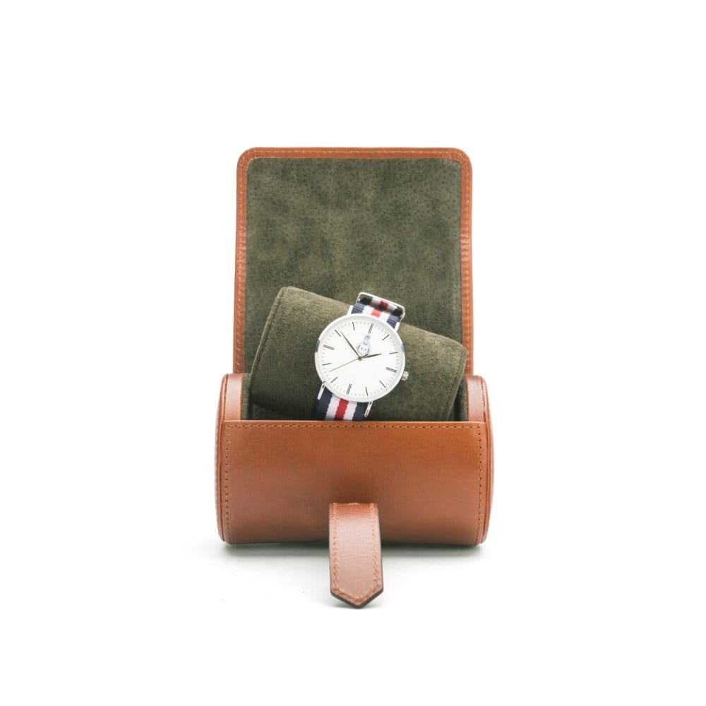 Small leather watch roll, tan, inside