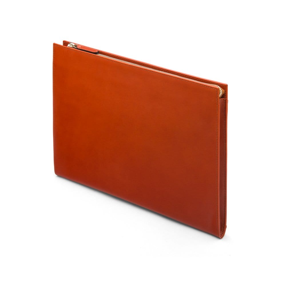 Zip top leather folder, havana tan, side view