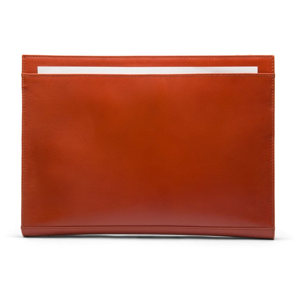 Zip top leather folder, havana tan, front view