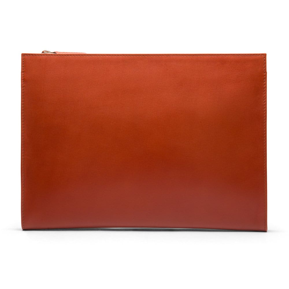 Zip top leather folder, havana tan, back view
