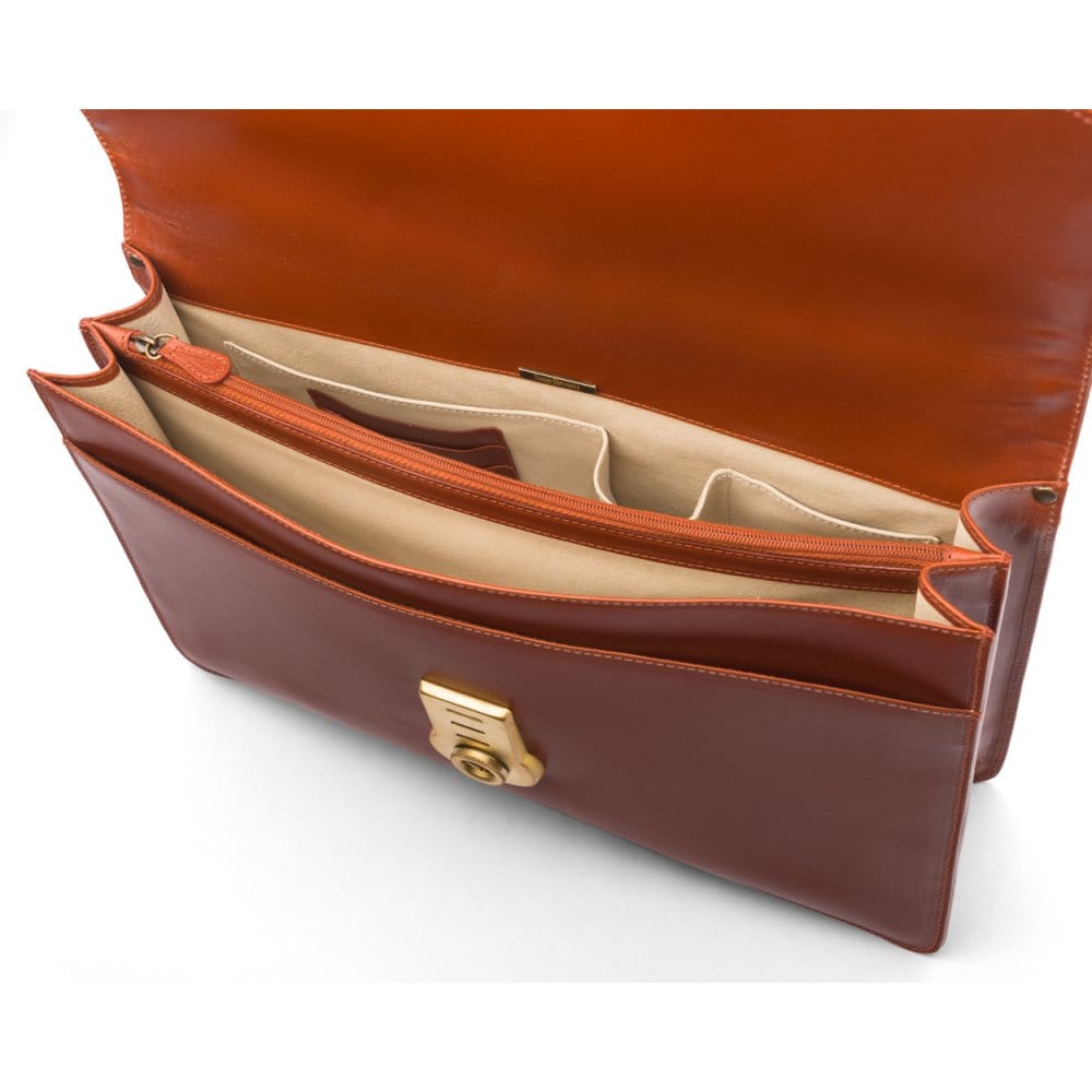 Bridle hide briefcase with brass lock, Harvard, tan, inside