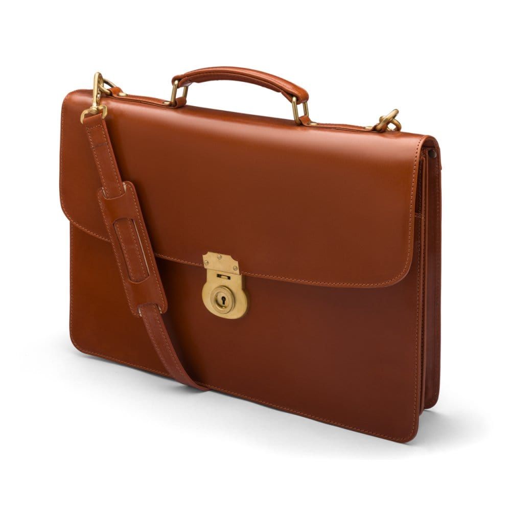 Bridle hide briefcase with brass lock, Harvard, tan, side