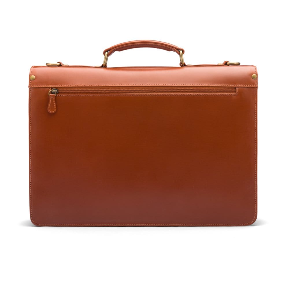 Bridle hide briefcase with brass lock, Harvard, tan, back