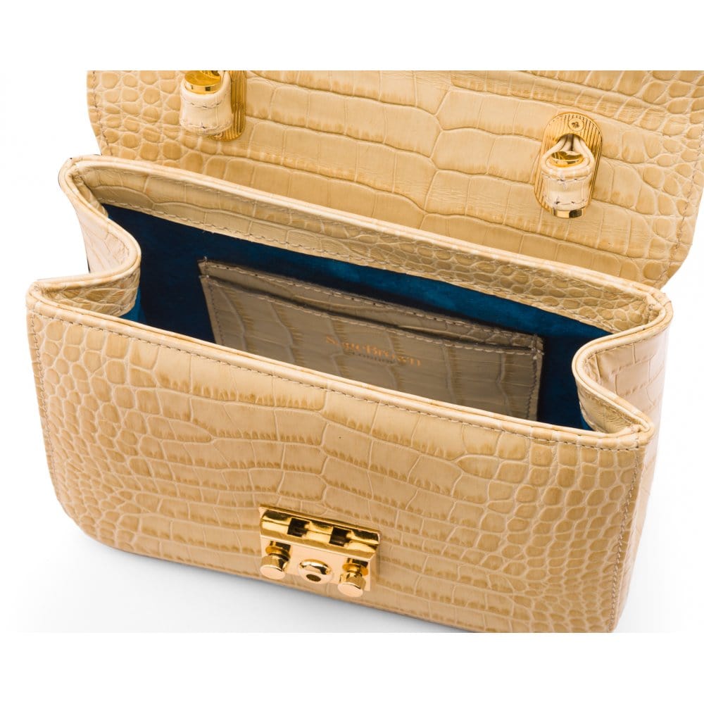 Small leather top handle bag, ivory croc, inside