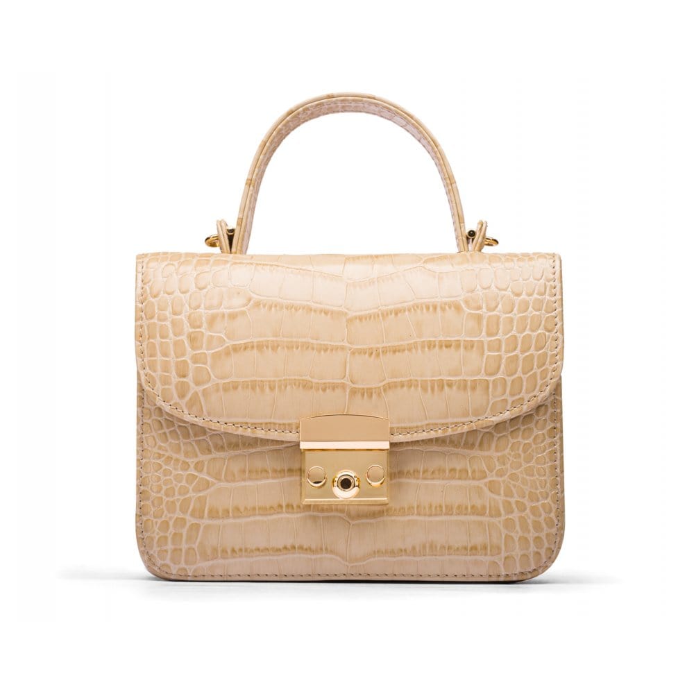 Small leather top handle bag, ivory croc, front