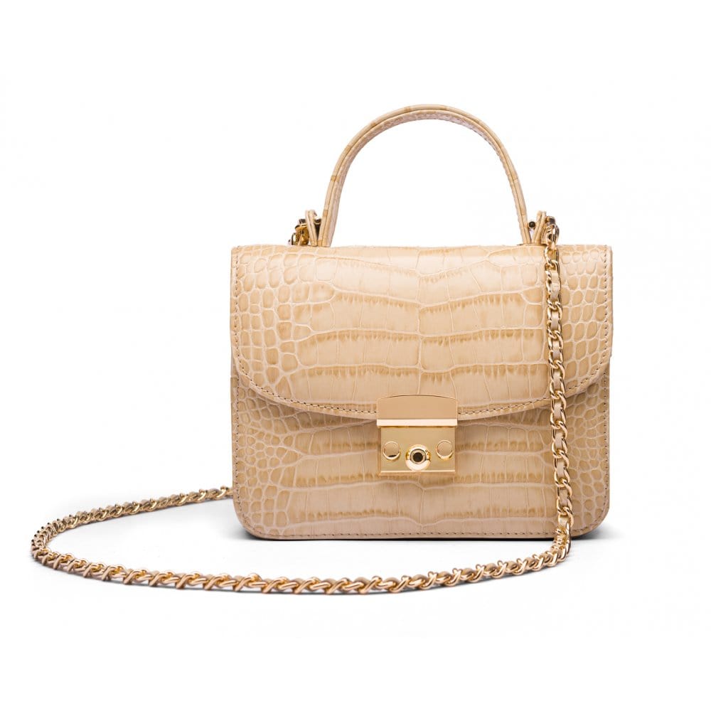 Small leather top handle bag, ivory croc, with chain strap