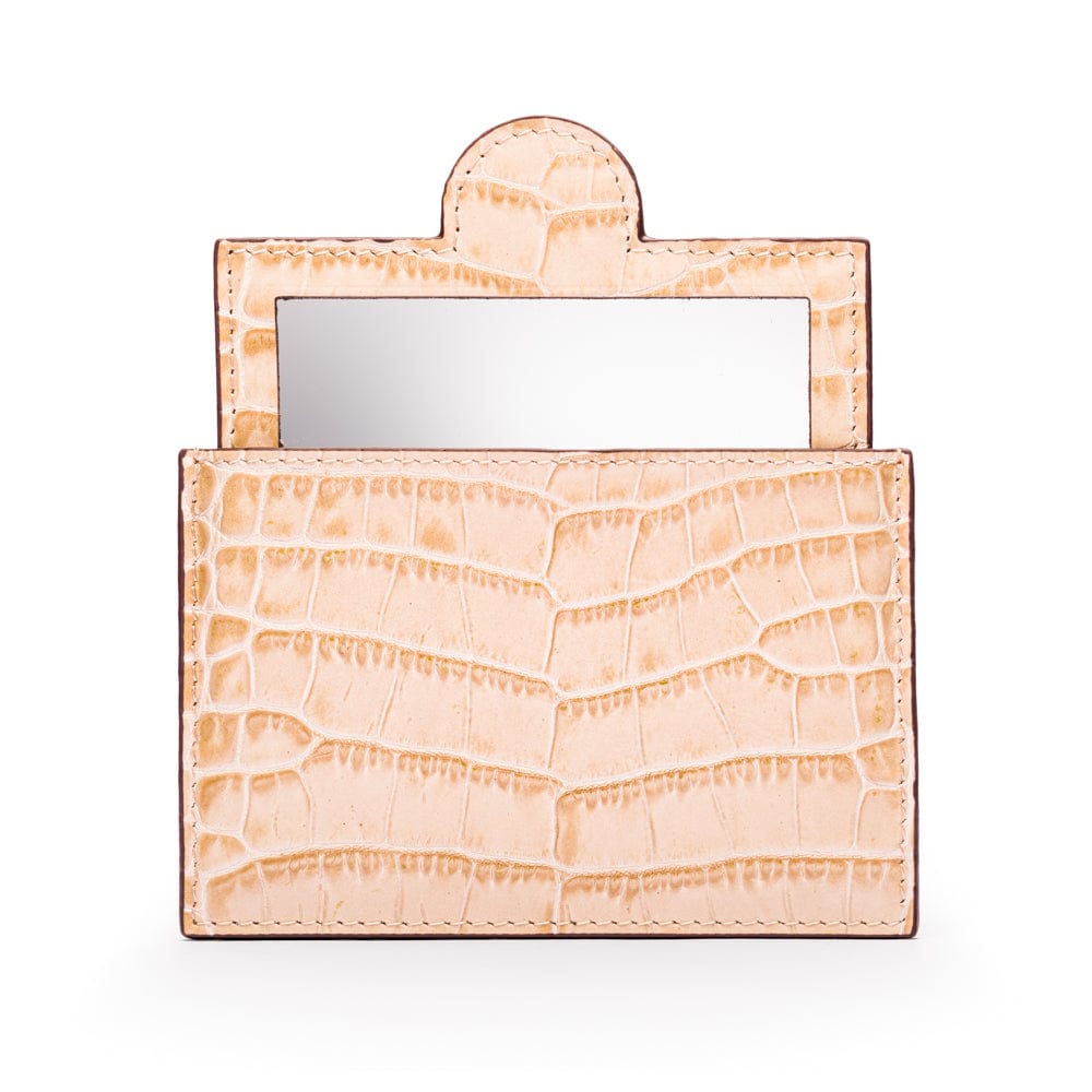Compact leather mirror, ivory croc