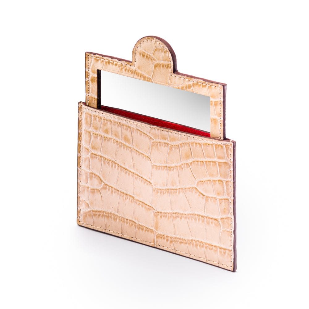 Compact leather mirror, ivory croc, side