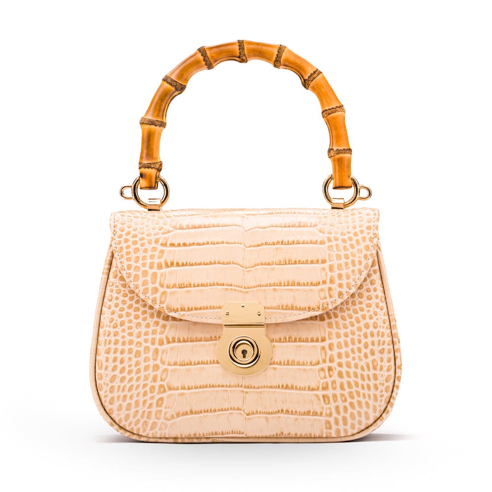 Bamboo handle bag, ivory croc, front view
