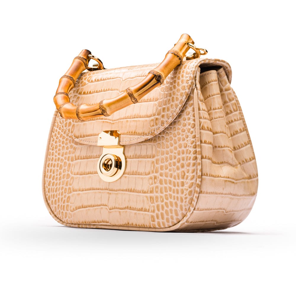 Bamboo handle bag, ivory croc, side view
