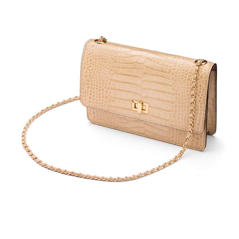 Leather chain bag, ivory croc, side view