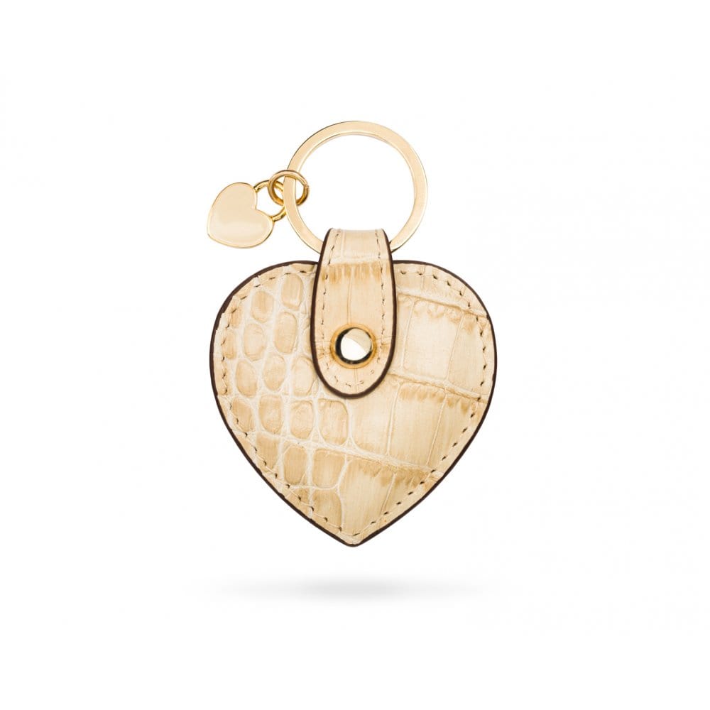 Leather heart shaped key ring, ivory croc, front