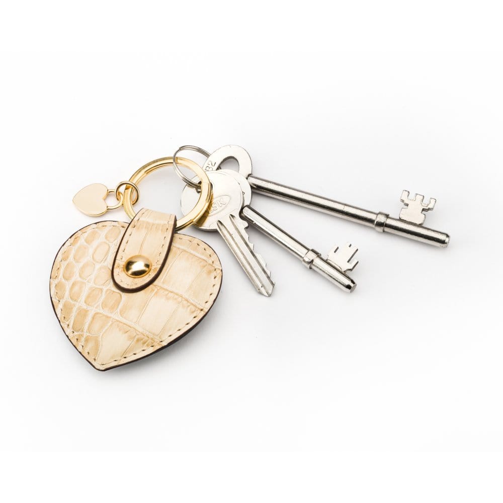 Leather heart shaped key ring, ivory croc
