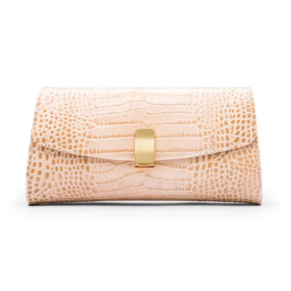 Leather clutch bag, ivory croc, front view