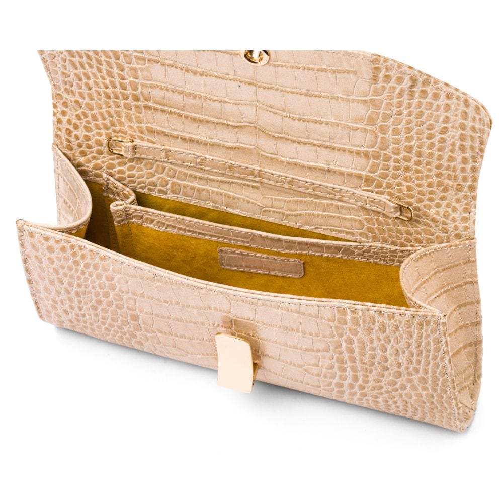 Leather clutch bag, ivory croc, inside view