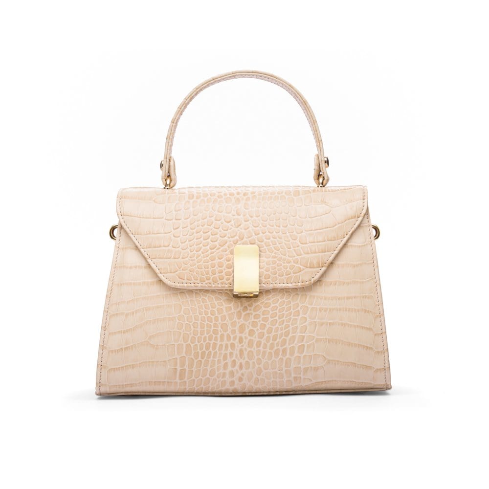 Leather top handle bag, ivory croc, front