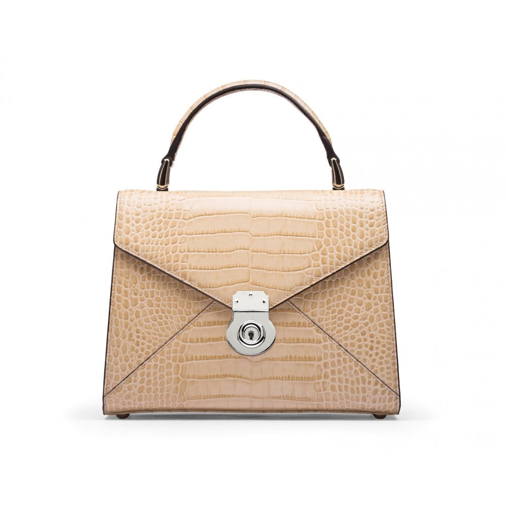 Leather top handle bag, Burnett bag, ivory croc, front view