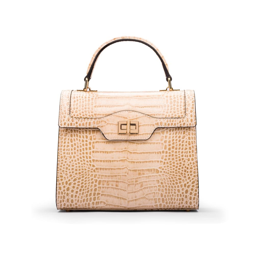 Leather signature Morgan bag, ivory croc, front view