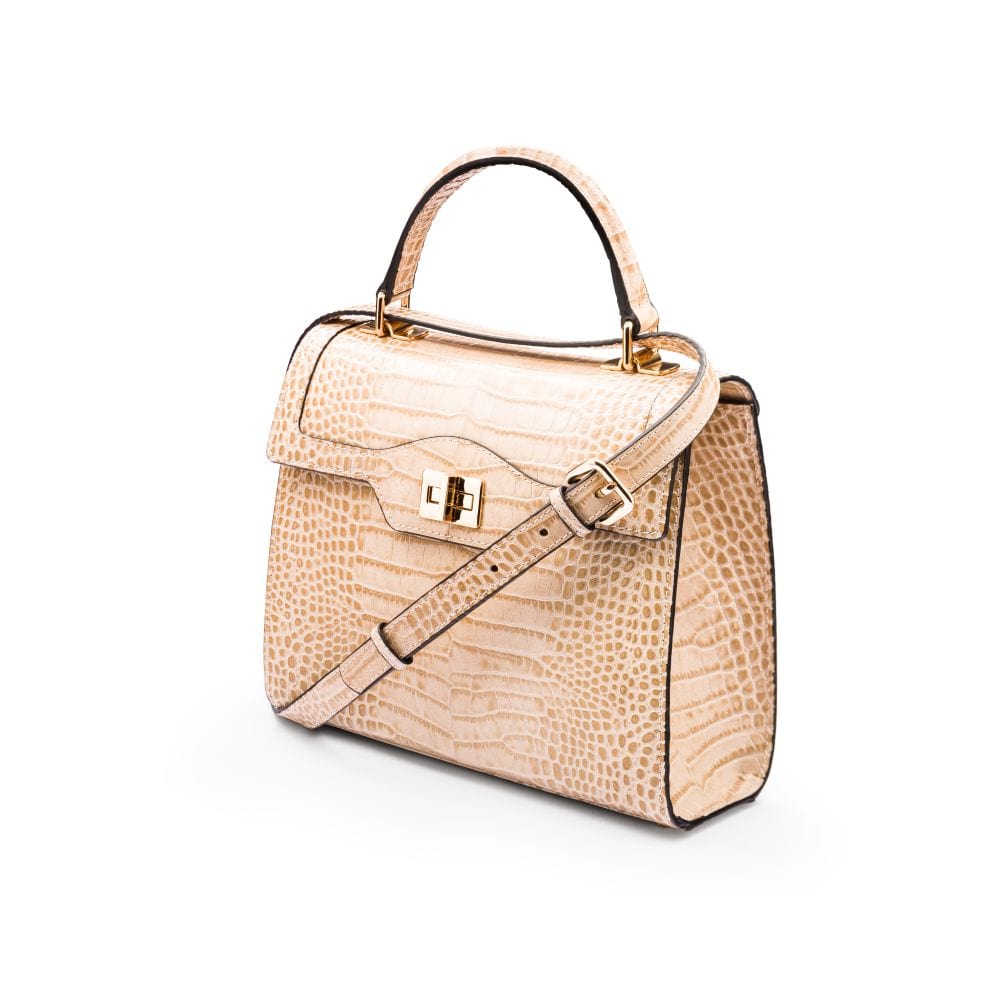 Leather signature Morgan bag, ivory croc, side view