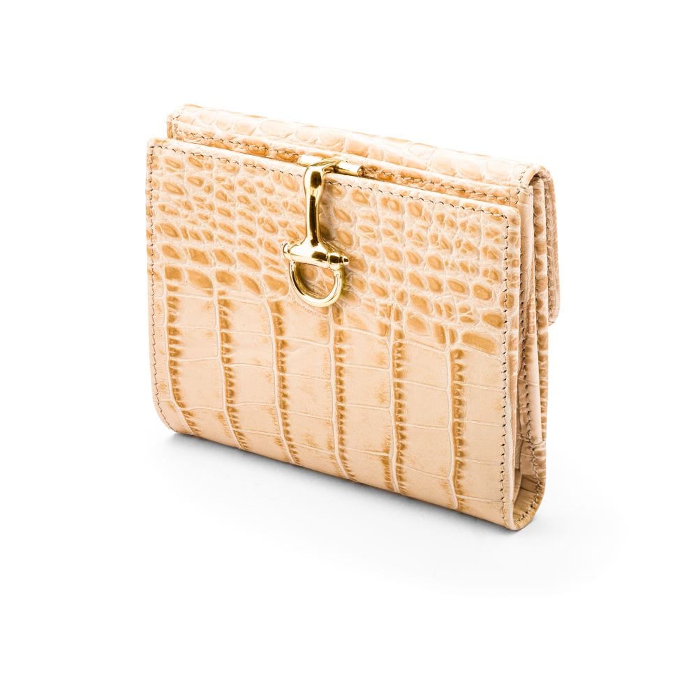 Leather purse with brass clasp, ivory croc, front view