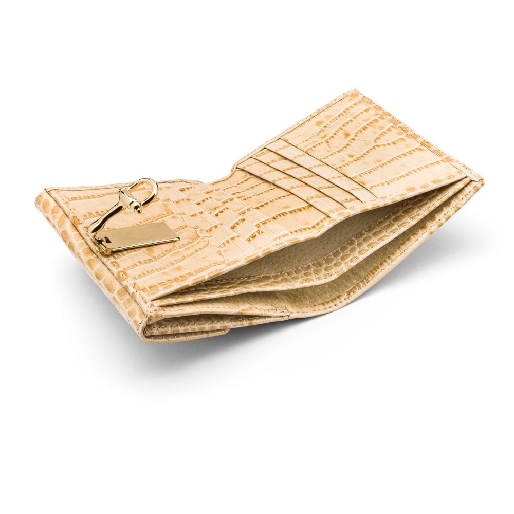 Leather purse with brass clasp, ivory croc, inside