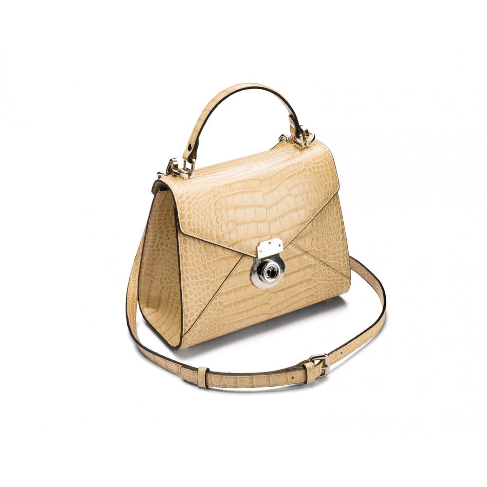 Mini Burnett small top handle bag, ivory croc, side view