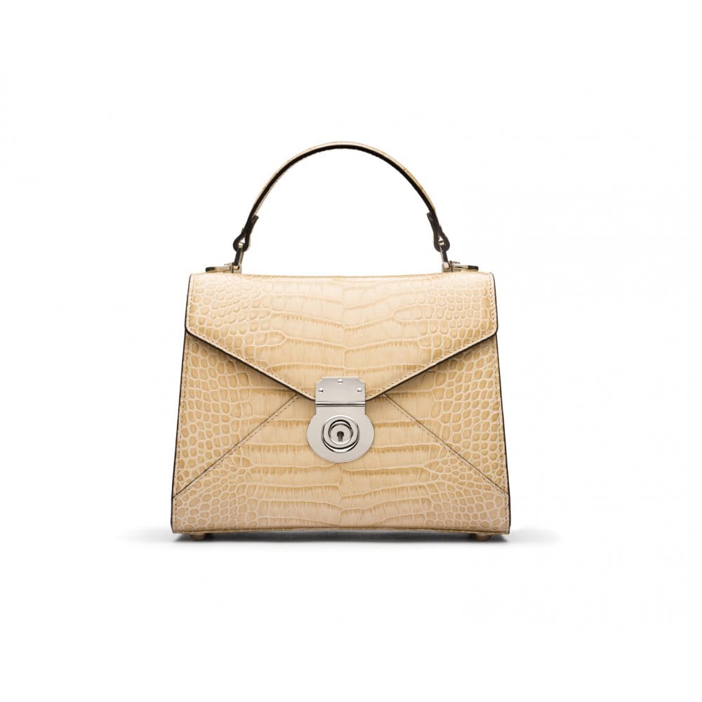 Mini Burnett small top handle bag, ivory croc, front view