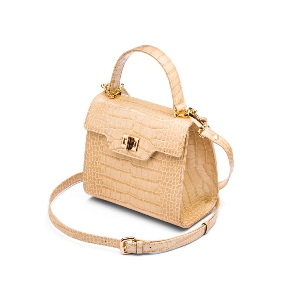 Mini leather Morgan Bag, top handle bag, ivory croc, side view