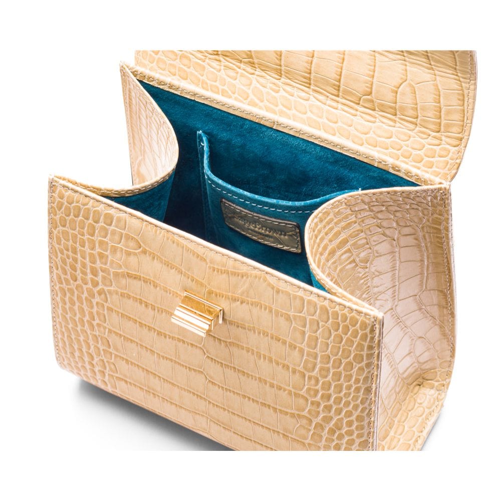 Mini leather Morgan Bag, top handle bag, ivory croc, inside view