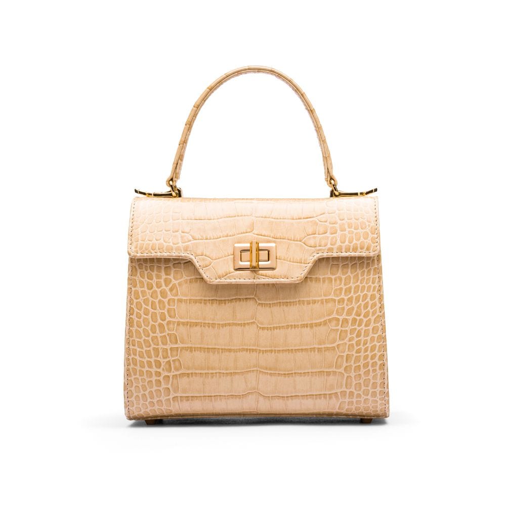 Mini leather Morgan Bag, top handle bag, ivory croc, front view