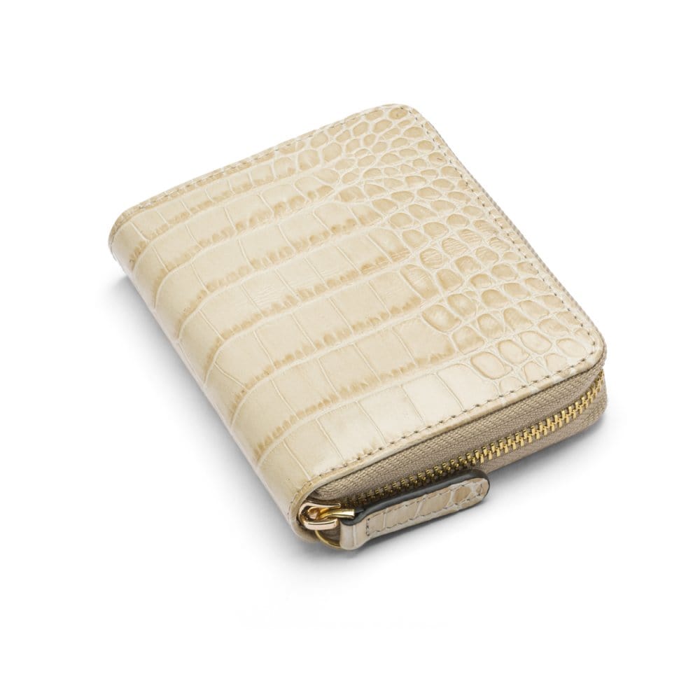 Small leather zip around accordion coin purse, ivory croc, front
