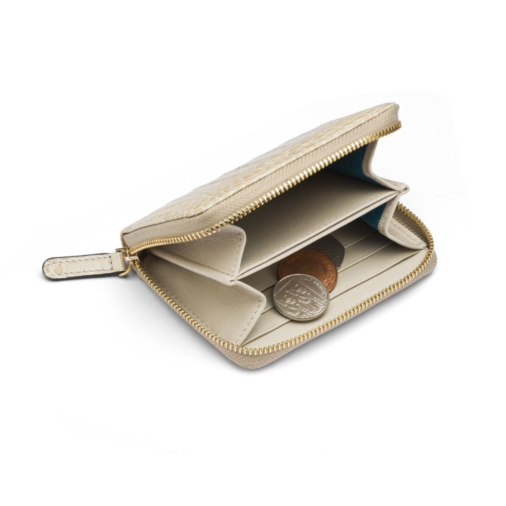 Small leather zip around accordion coin purse, ivory croc, interior