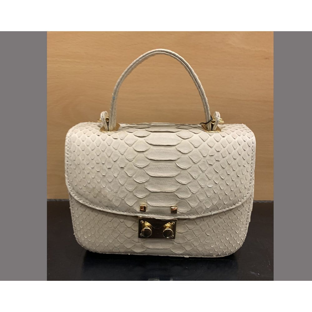 Small real python top handle bag, ivory, front