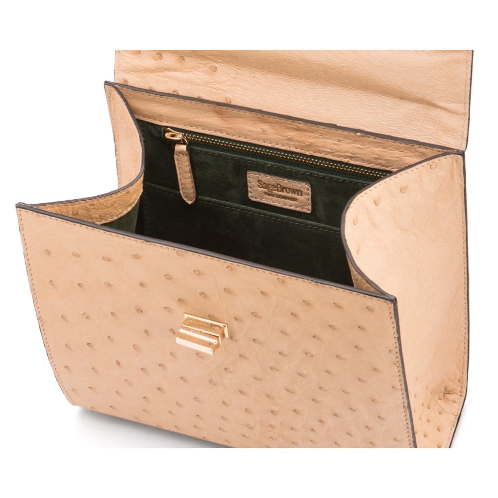 Real ostrich top handle bag, ivory, inside view
