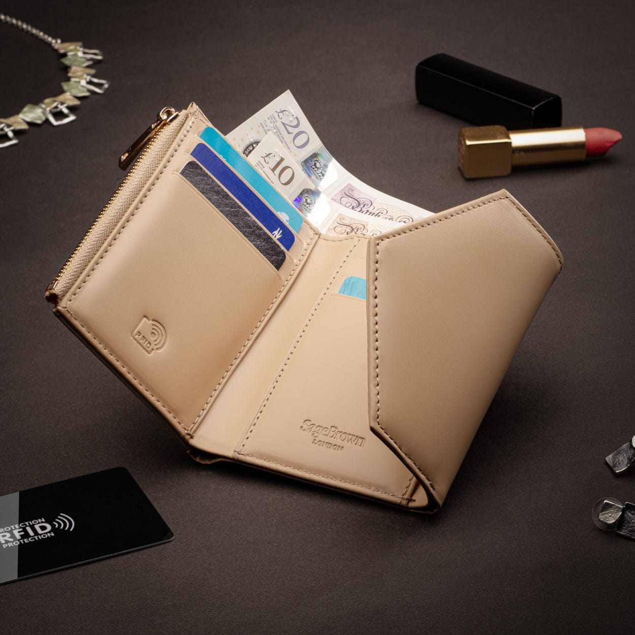 RFID blocking leather envelope purse, ivory, lifestyle