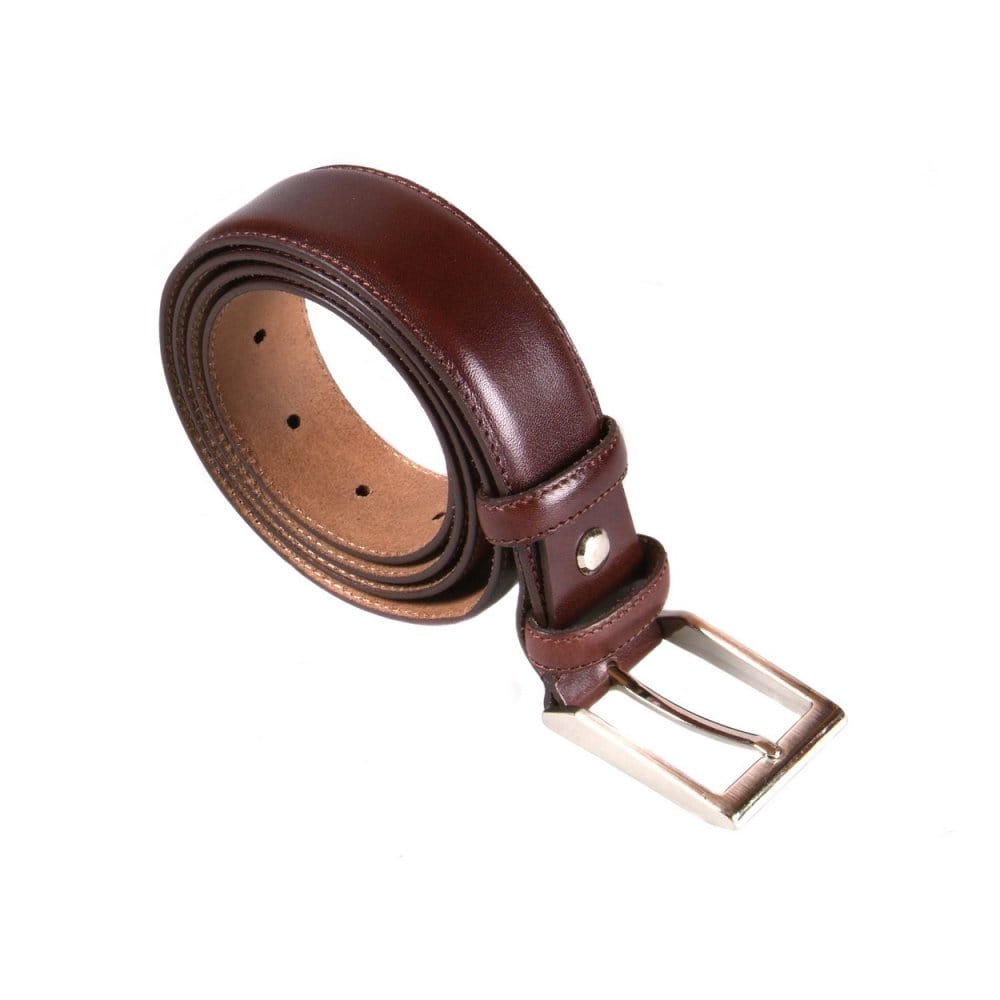 Leather belt with 2 buckles, brown, silver buckle
