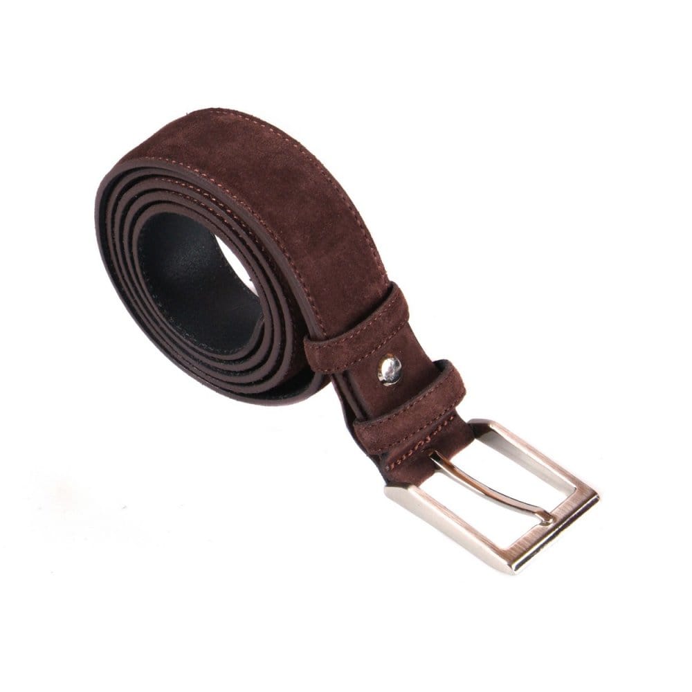 Leather belt with 2 buckles, brown suede, silver buckle