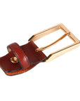 Leather belt with 2 buckles, dark tan, gold buckle