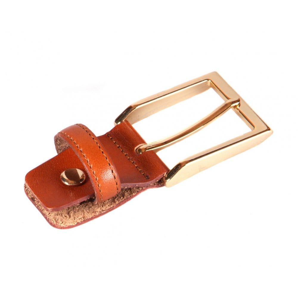 Leather belt with 2 buckles, havana tan, gold buckle