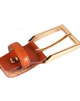 Leather belt with 2 buckles, havana tan, gold buckle