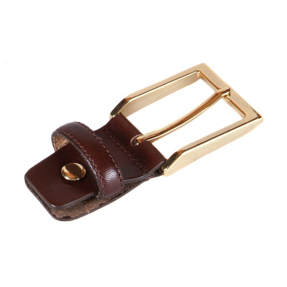 Leather belt with gold buckle, brown, gold buckle