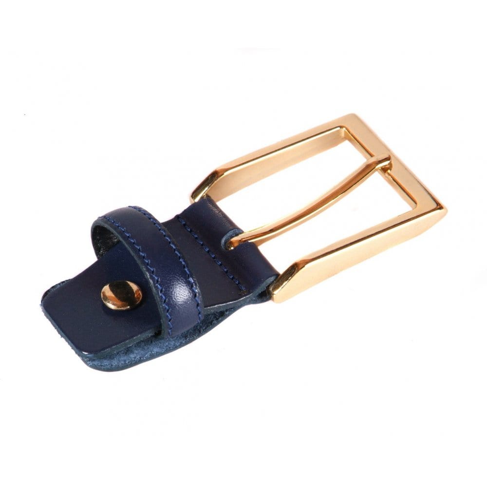 Leather belt with gold buckle, navy, gold buckle