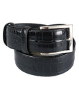 Leather belt with silver buckle, black croc