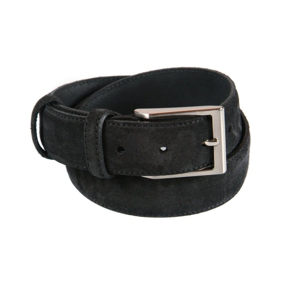 Leather belt with silver buckle, black suede