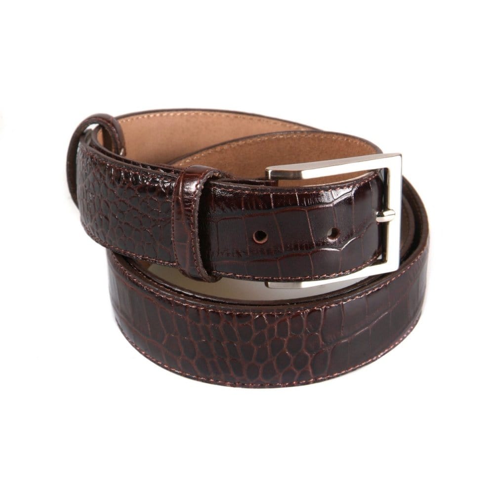 Leather belt with silver buckle, brown croc